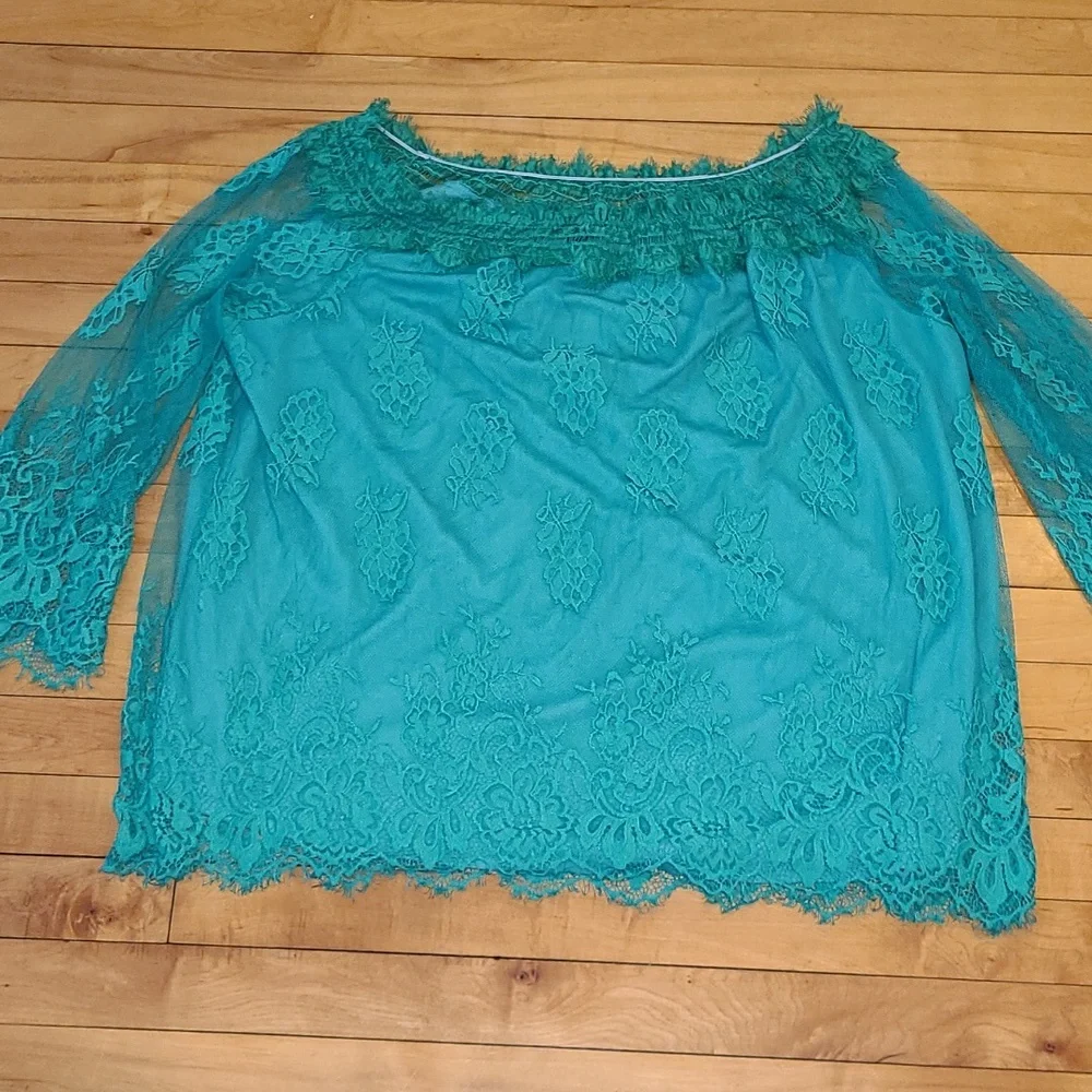 Roaman's Off the Shoulder Green  Lace Top.  Size 18W